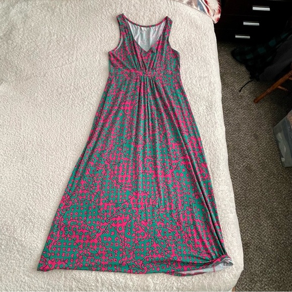 Boden Vibrant Pink & Green Floral Stretchy Maxi Dress Sz 14 Sleeveless Summer - Picture 11 of 13